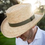 Man wearing a natural colored straw hat  with a brown band with his head down covering his eyes outdoors