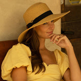 Woman wearing a natural colored straw hat with a thick black band and a yellow top, sitting indoors while resting her fingers on her chin