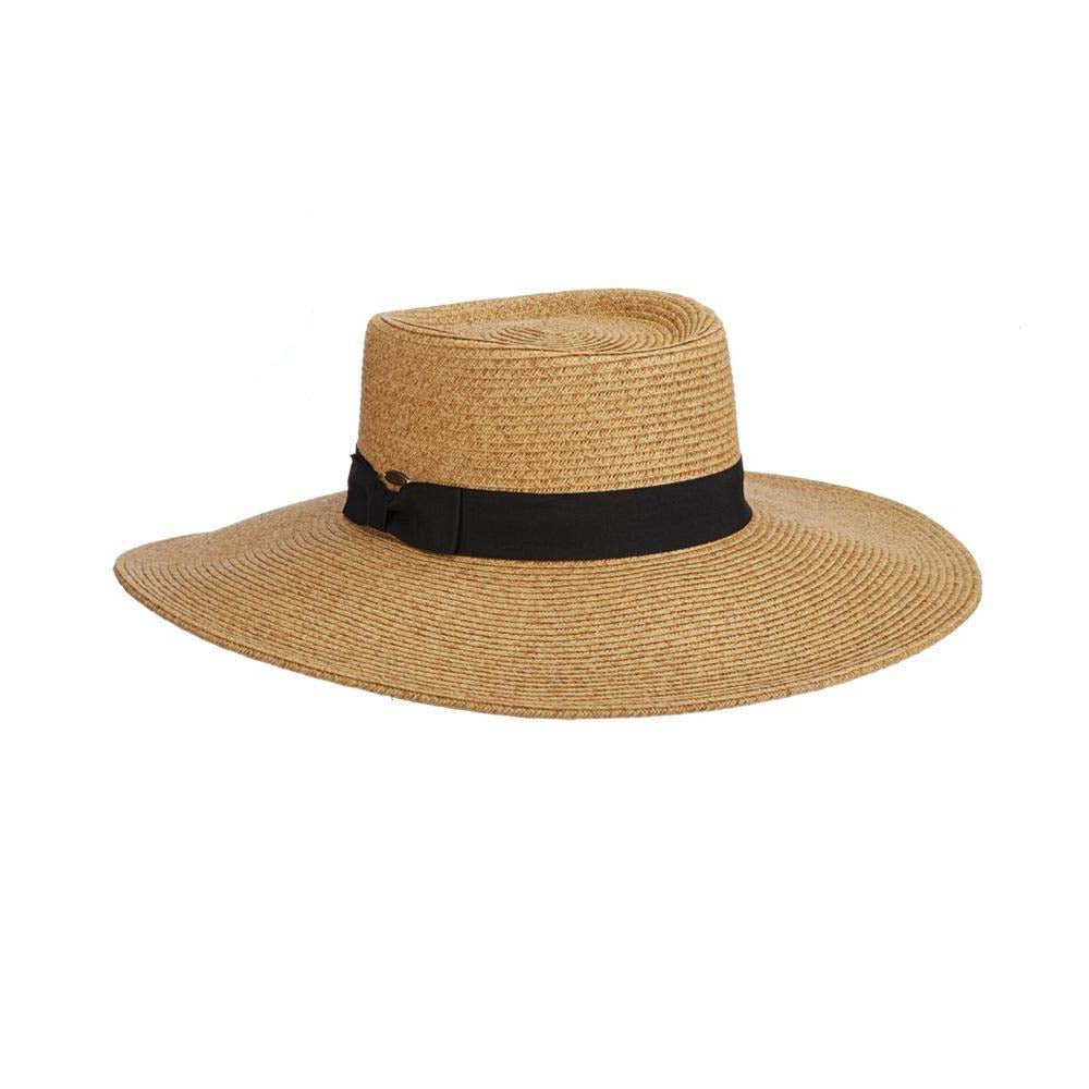 Toast colored straw hat with a black band on a white background