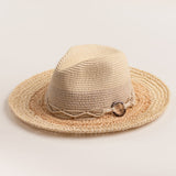 Two-toned straw hat with a natural colored brim and white top on a light beige background