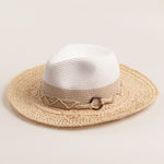 Two-toned straw hat with a beige brim and white top on a light beige background