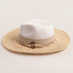 Two-toned straw hat with a beige brim and white top on a light beige background