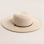 Ivory colored straw hat with a black band on a light beige background