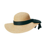 Natural colored straw hat with a thick green ribbon on a white background