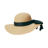 Natural colored straw hat with a thick green ribbon on a white background