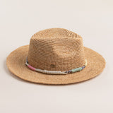 Natural colored straw hat with a colorful band on a light beige background
