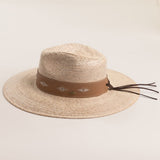 Natural colored straw hat with a brown band featuring white patterns and brown leather strings hanging off the back on a light beige background