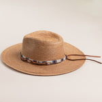 Toast colored straw hat with a decorative band and loose leather straps on the back on a light beige background