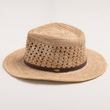 Natural colored straw hat with a brown band on a light gray background