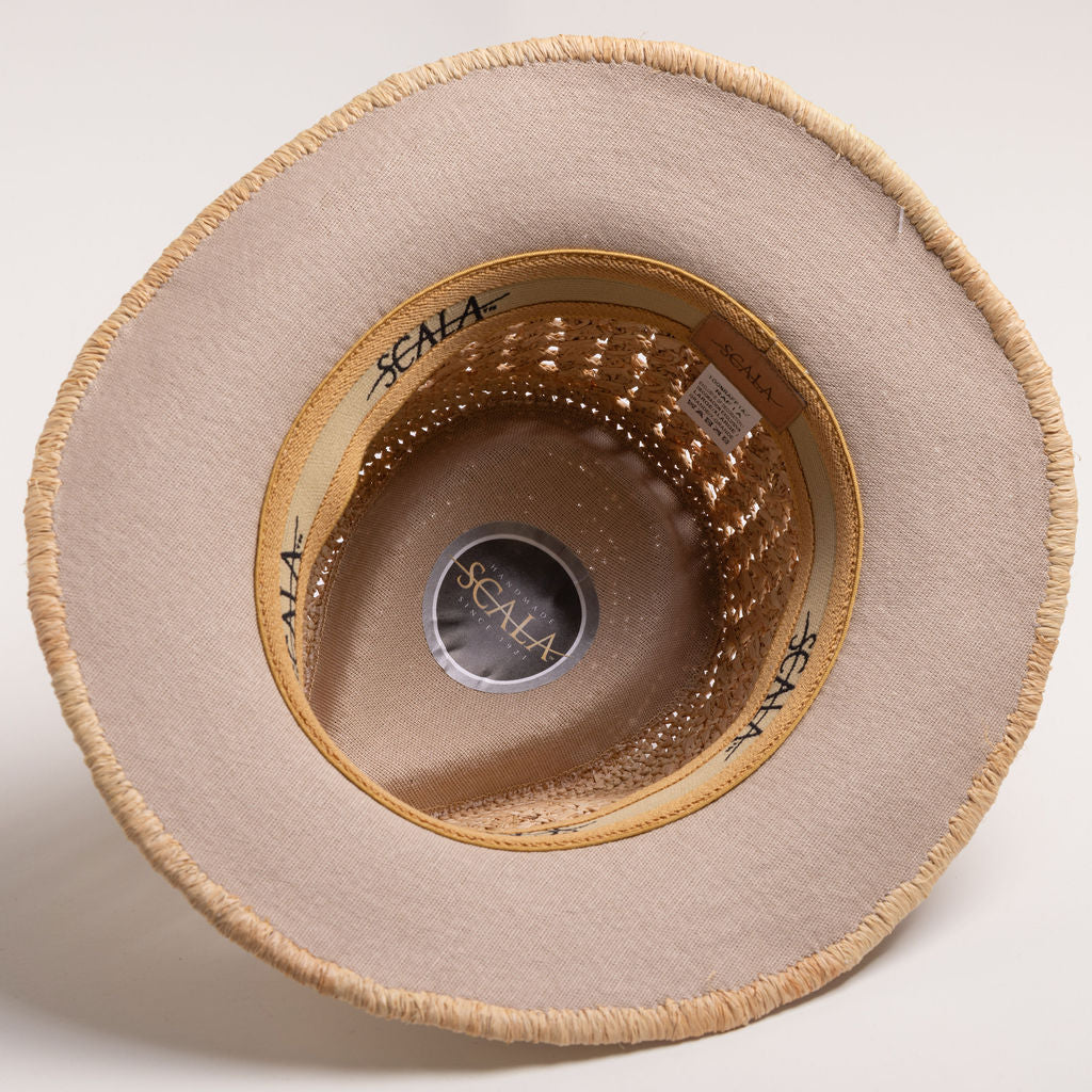 Underside of a natural colored straw hat with a golden colored sweatband on a light gray background