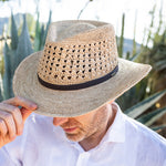 Man wearing a natural colored straw hat with a black band while tipping it down to cover his eyes in front of cacti