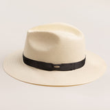 Natural colored straw hat with a black band on a light beige background