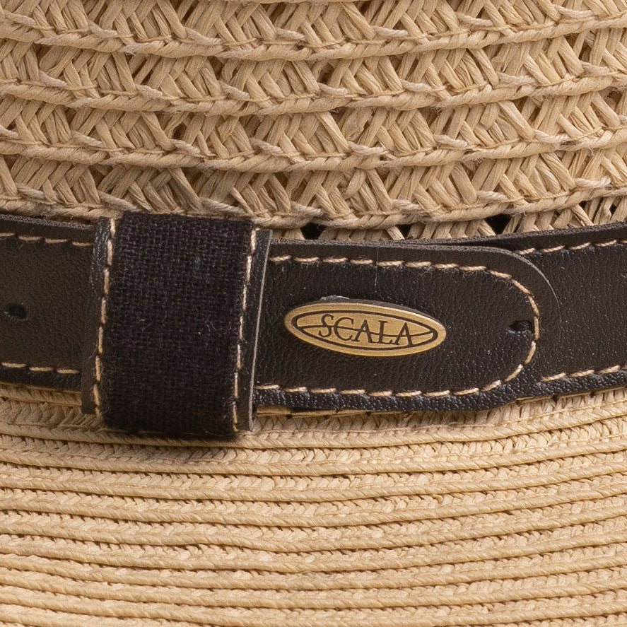 Close-up of a natural colored straw hat with a brown band featuring the Scala logo pin