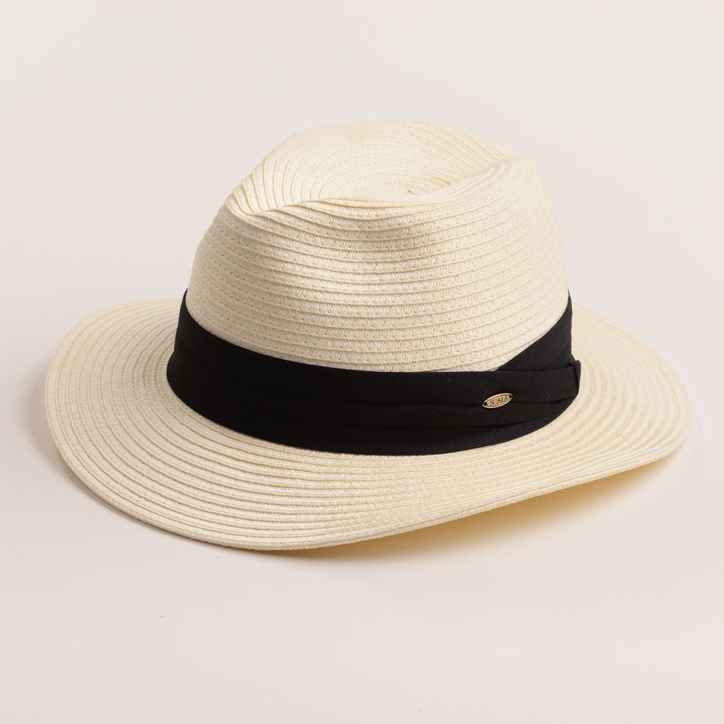 Ivory colored straw hat with a thick black band on a light beige background
