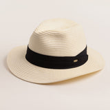 Ivory colored straw hat with a thick black band on a light beige background