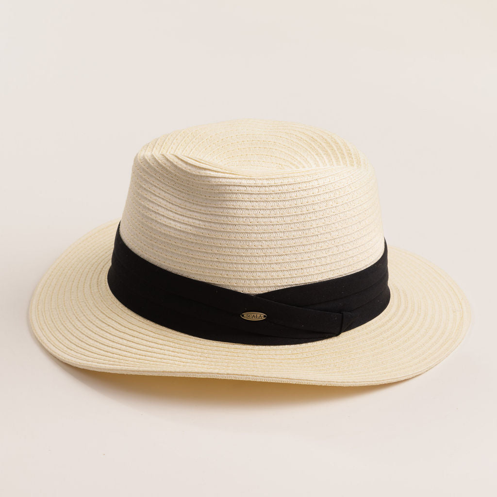 Ivory colored straw hat with a thick black band on a light beige background