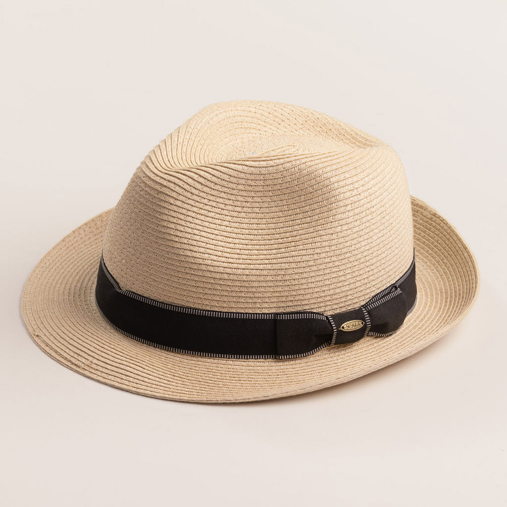 Natural colored straw hat with a black band on a light beige background