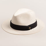 Natural colored straw hat with a black band on a light beige background