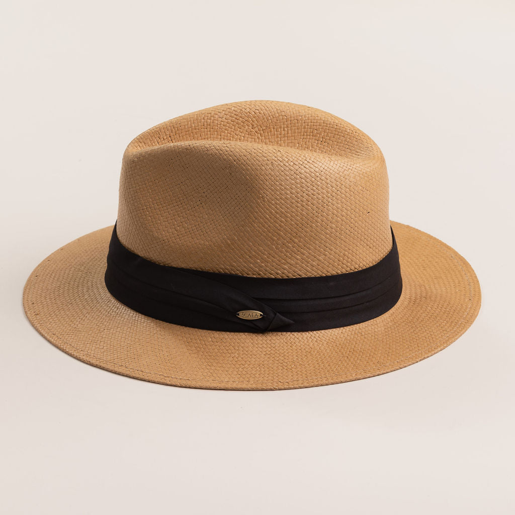 Putty colored straw hat with a black band on a light beige background