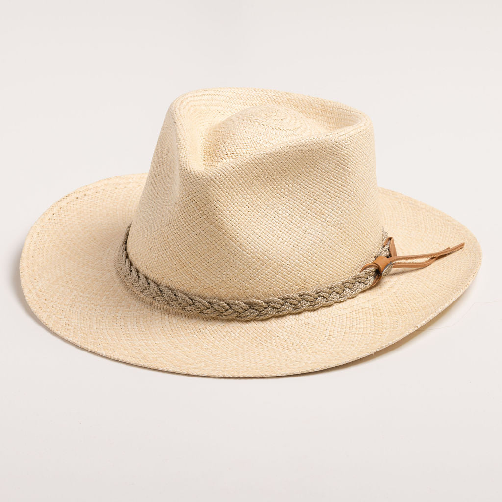 Natural colored straw hat with sandy colored braided band on a light gray background