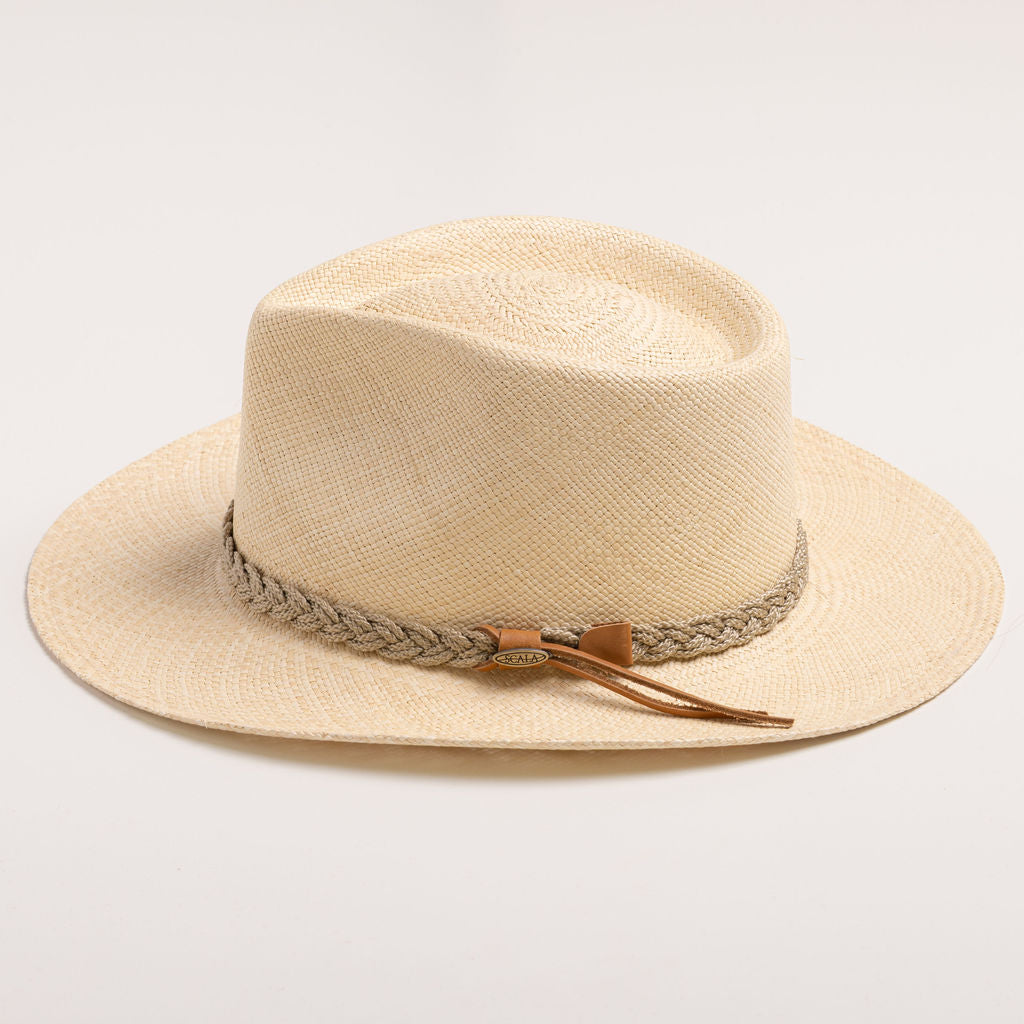 Natural colored straw hat with sandy colored braided band and brown small ribbon on a light gray background