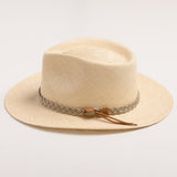 Natural colored straw hat with sandy colored braided band and brown small ribbon on a light gray background