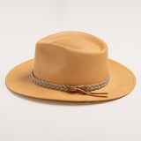 Putty colored straw hat with sandy colored braided band and brown small ribbon on a light gray background