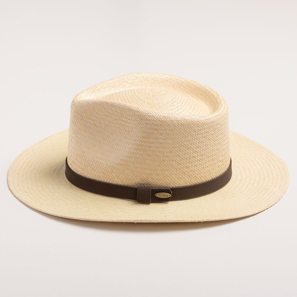 Natural colored Panama hat with a black band on a light gray background