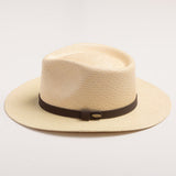 Natural colored Panama hat with a black band on a light gray background