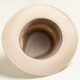 Underside of a natural colored Panama hat with a light brown sweatband on a light gray background