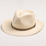Natural colored straw hat with a brown band on a light gray background