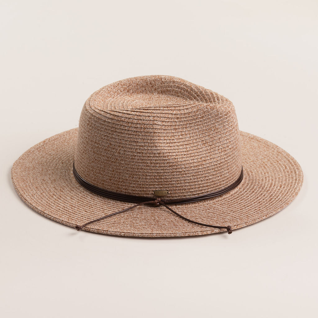 Taupe colored straw hat with a brown band on a light beige background