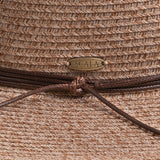 Close-up of a taupe colored straw hat with a knotted string and Scala logo pin