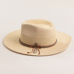 Natural colored straw hat with decorative band on a light beige background