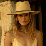 Woman wearing a natural colored straw hat and yellow top against a rustic wall.