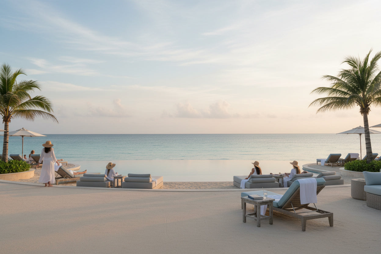 Beachside lounge area with palm trees and people enjoying the view while they all wear beige straw hats